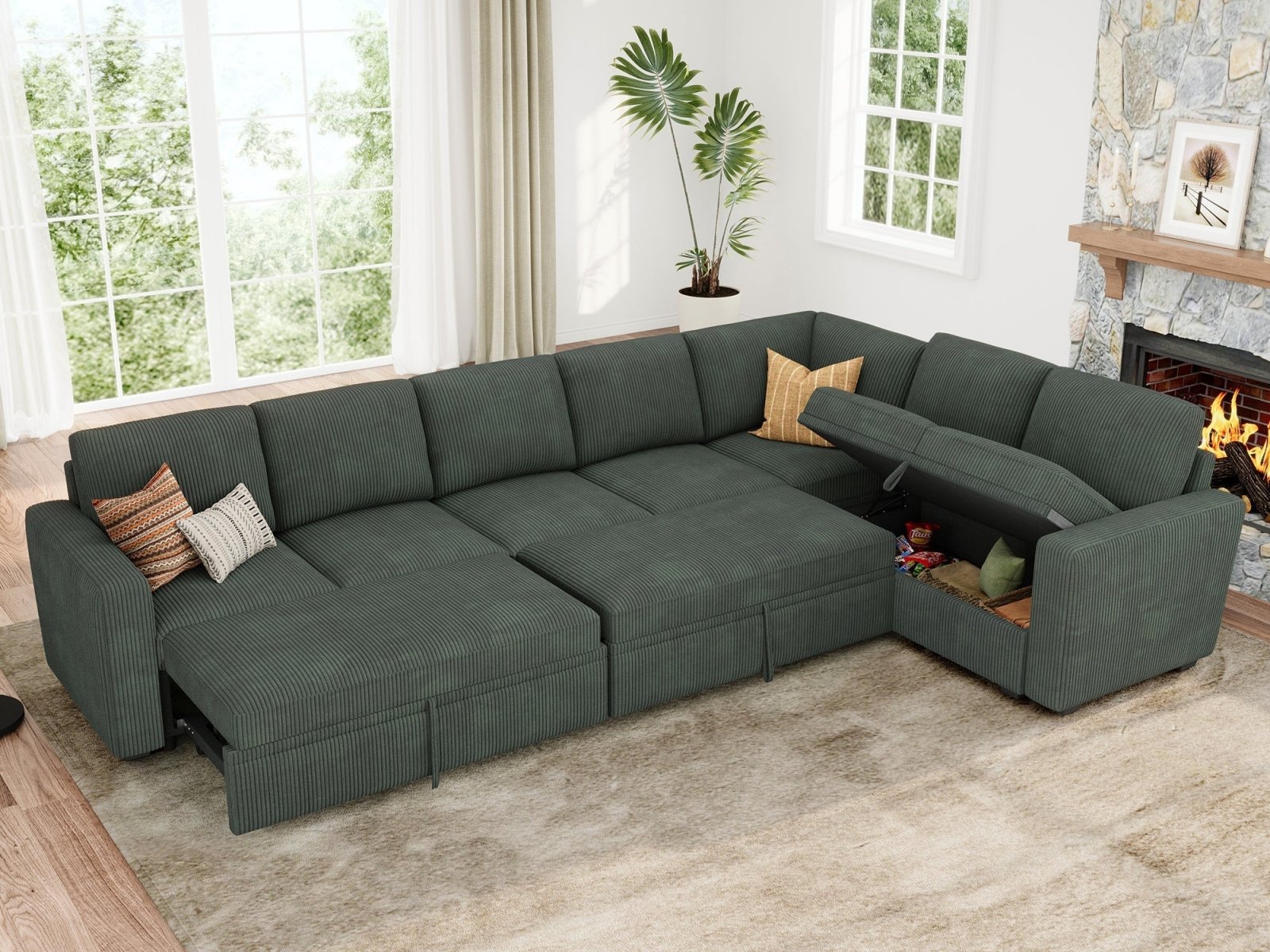 7-Piece Corduroy Modular Sleeper #Color_Corduroy Green