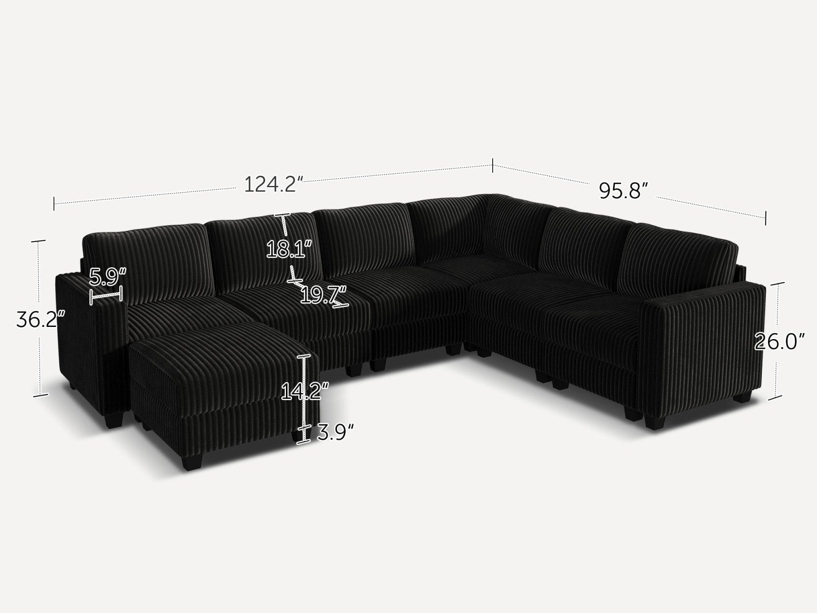 HONBAY 7-Piece Corduroy Modular U-Shaped Sectional Sofa With Hidden Storage Ottoman
#Color_Corduroy Black