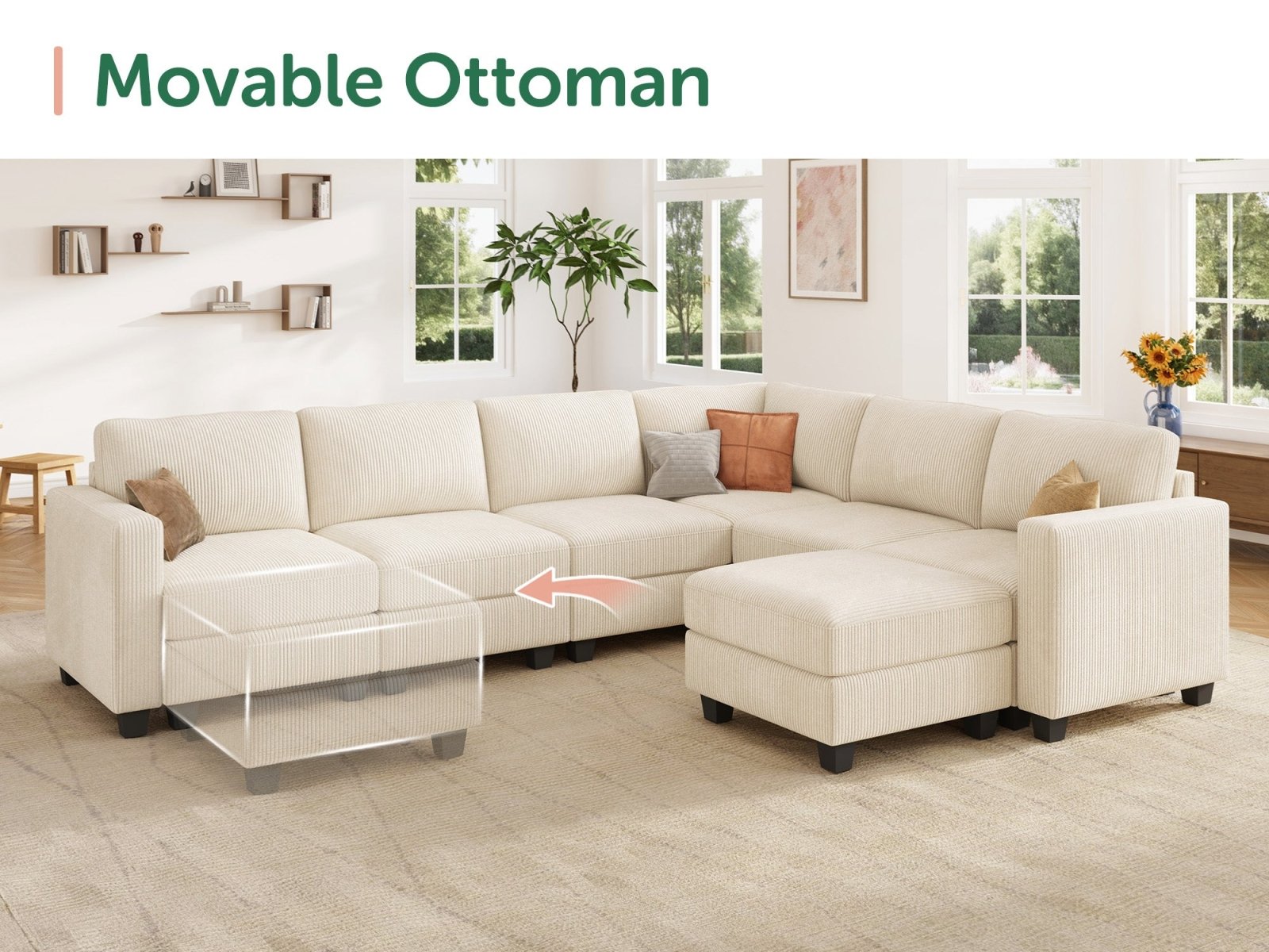 HONBAY 7-Piece Corduroy Modular U-Shaped Sectional Sofa With Hidden Storage Ottoman
#Color_Corduroy Beige
