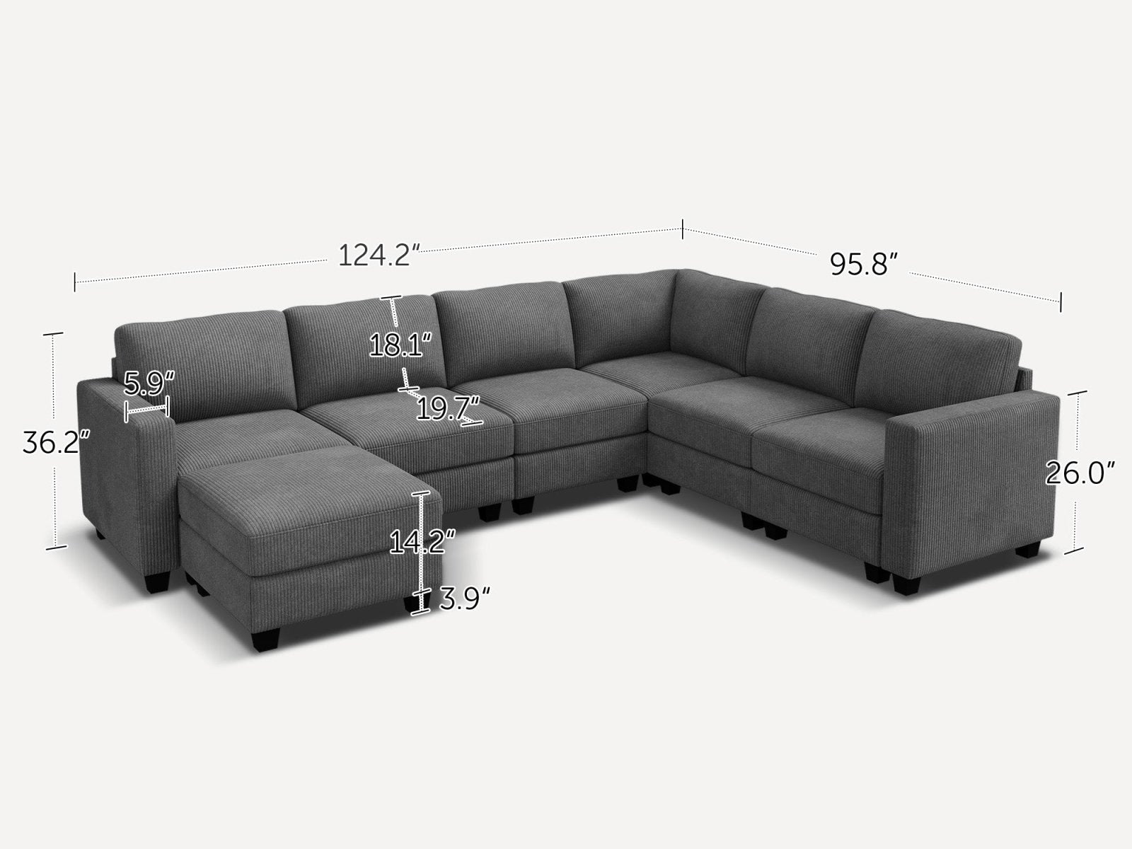 HONBAY 7-Piece Corduroy Modular U-Shaped Sectional Sofa With Hidden Storage Ottoman
#Color_Corduroy Grey