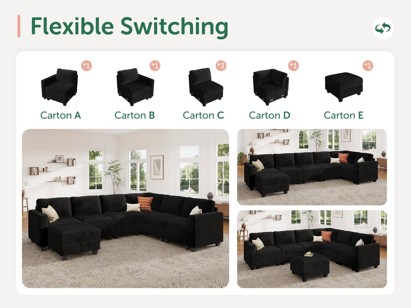 HONBAY 7-Piece Corduroy Modular U-Shaped Sectional Sofa With Hidden Storage Ottoman
#Color_Corduroy Black