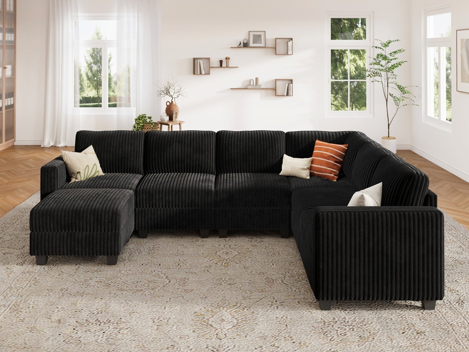 HONBAY 7-Piece Corduroy Modular U-Shaped Sectional Sofa With Hidden Storage Ottoman
#Color_Corduroy Black
