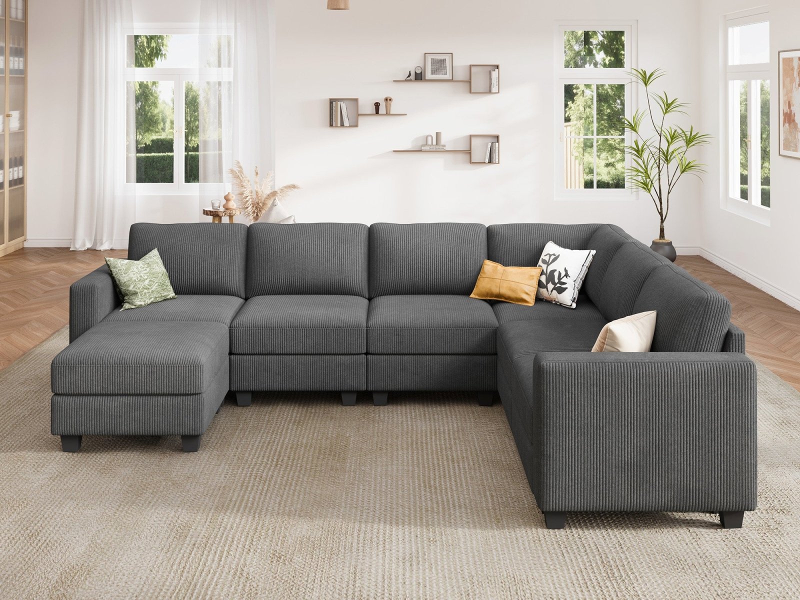 HONBAY 7-Piece Corduroy Modular U-Shaped Sectional Sofa With Hidden Storage Ottoman
#Color_Corduroy Grey