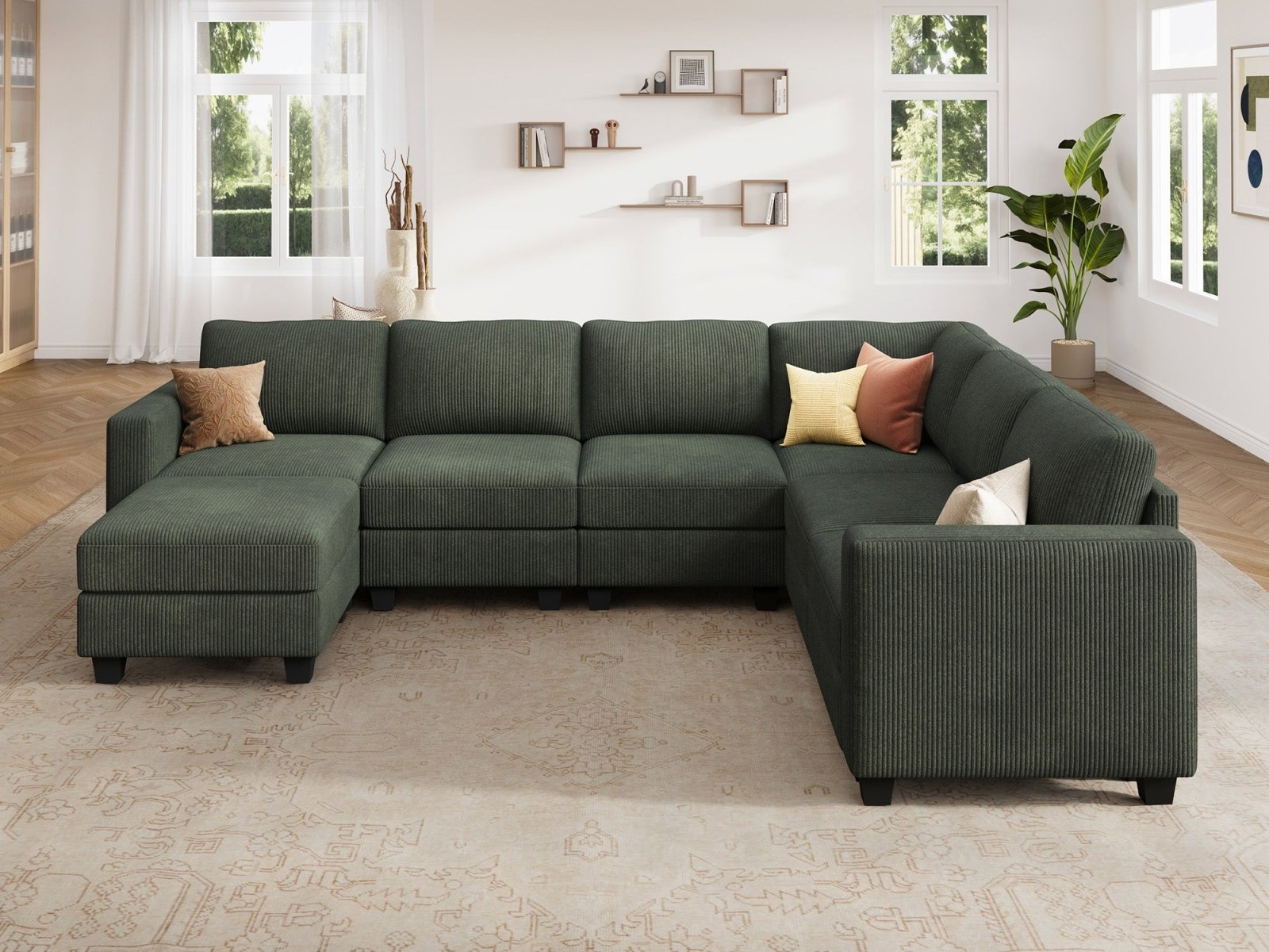 HONBAY 7-Piece Corduroy Modular U-Shaped Sectional Sofa With Hidden Storage Ottoman
#Color_Corduroy Green