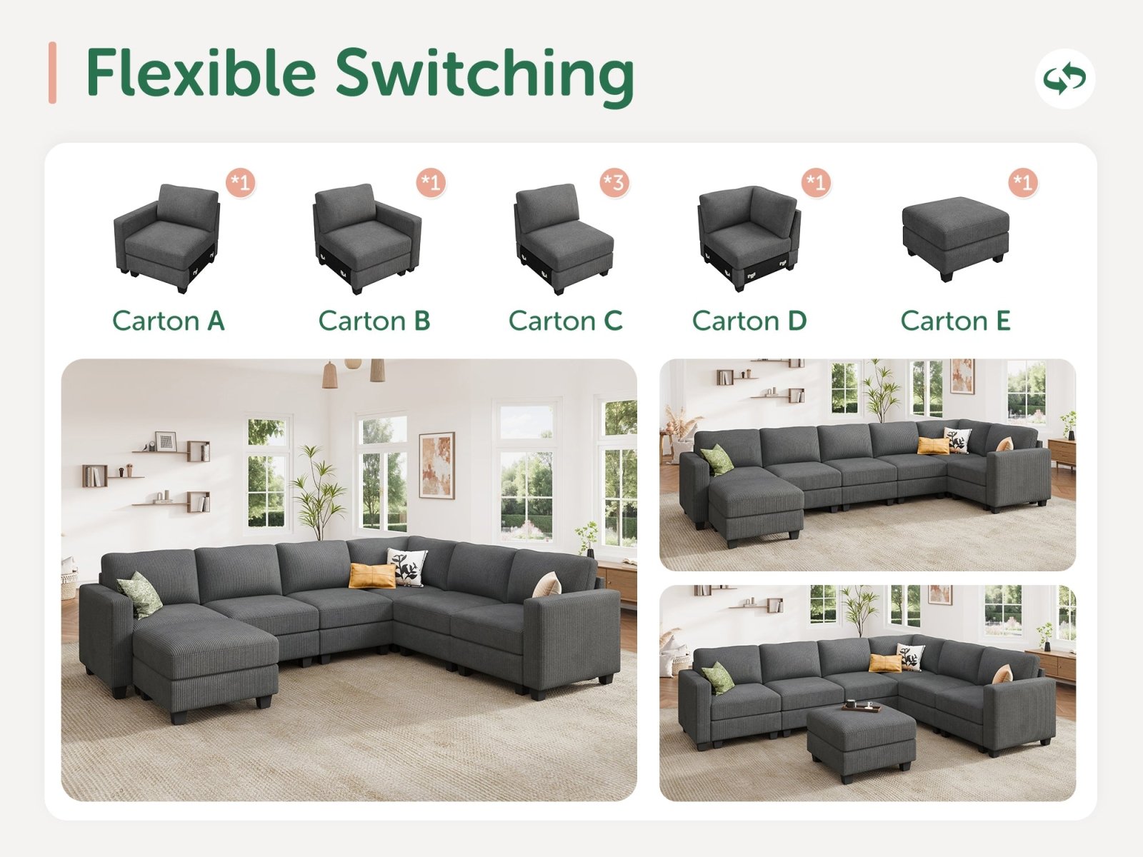 HONBAY 7-Piece Corduroy Modular U-Shaped Sectional Sofa With Hidden Storage Ottoman
#Color_Corduroy Grey