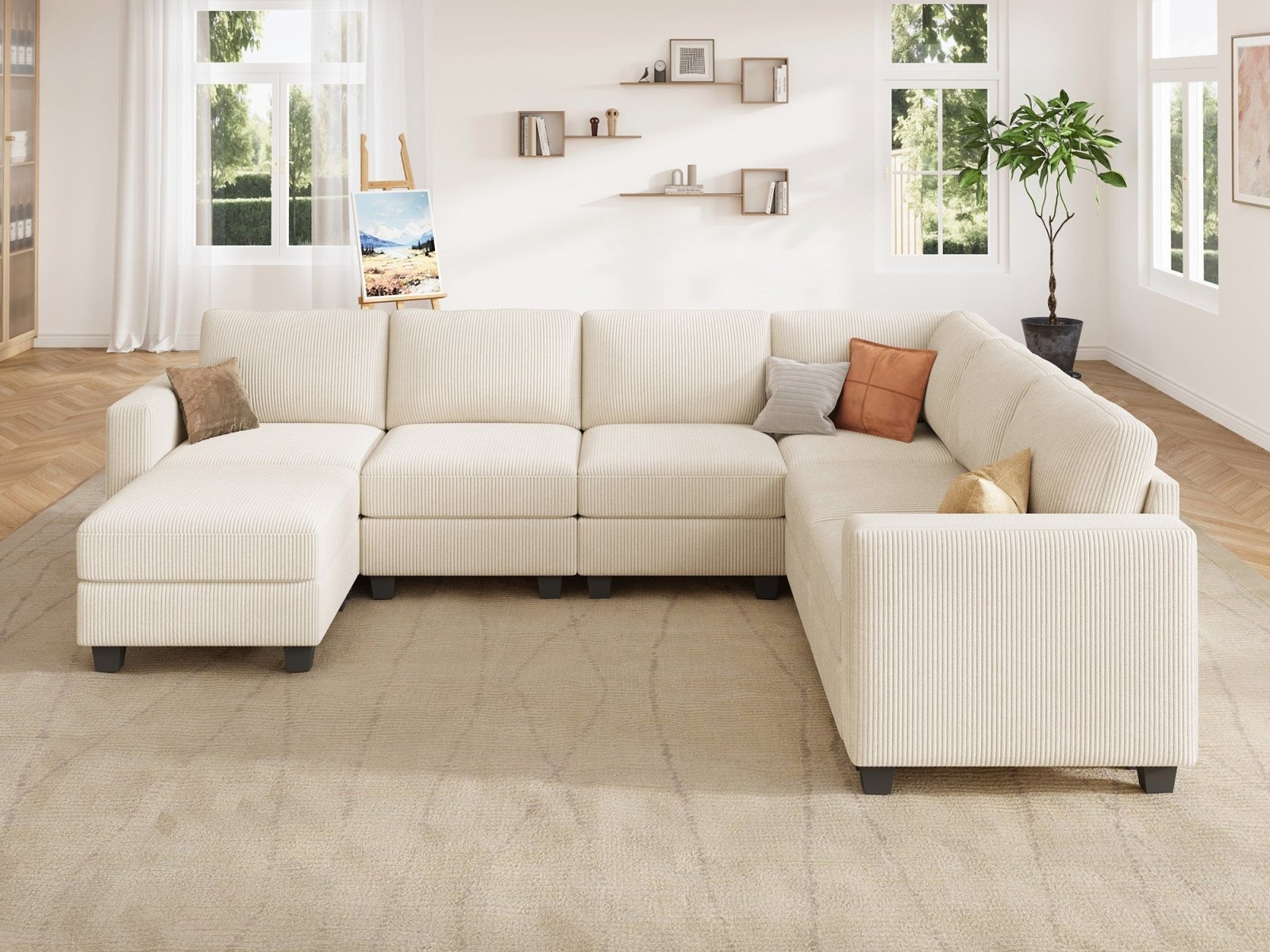 HONBAY 7-Piece Corduroy Modular U-Shaped Sectional Sofa With Hidden Storage Ottoman
#Color_Corduroy Beige