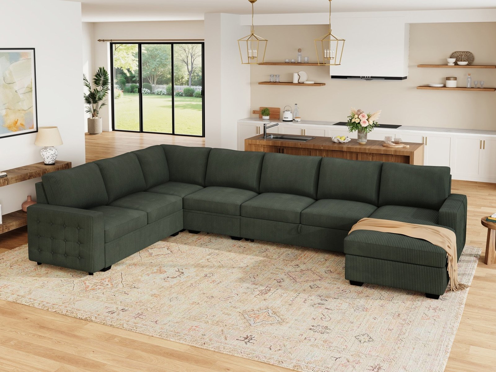 7-Piece Corduroy U-Shaped Sleeper Sectional
#Color_Corduroy Green