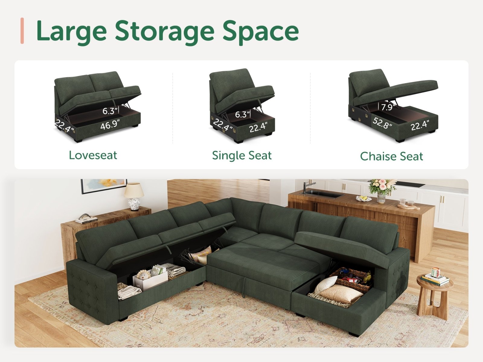 7-Piece Corduroy U-Shaped Sleeper Sectional
#Color_Corduroy Green