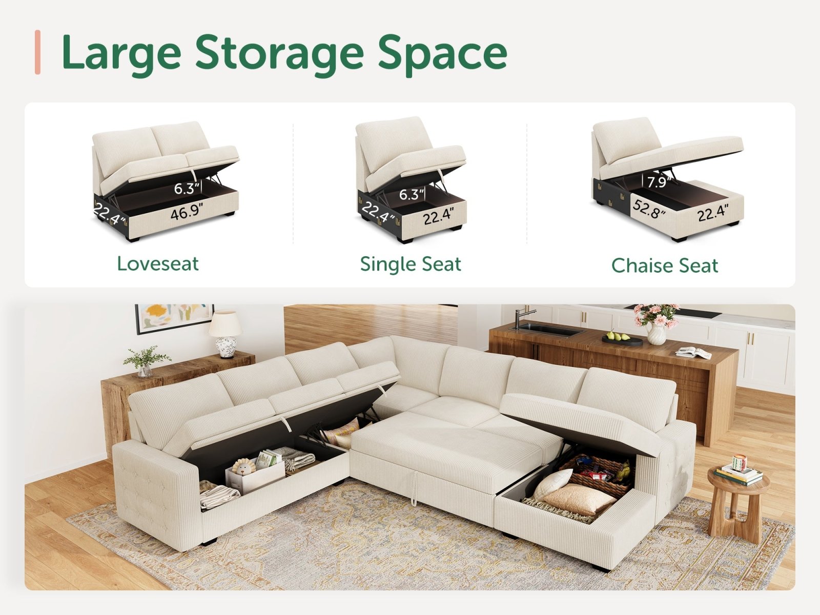 7-Piece Corduroy U-Shaped Sleeper Sectional
#Color_Corduroy Beige