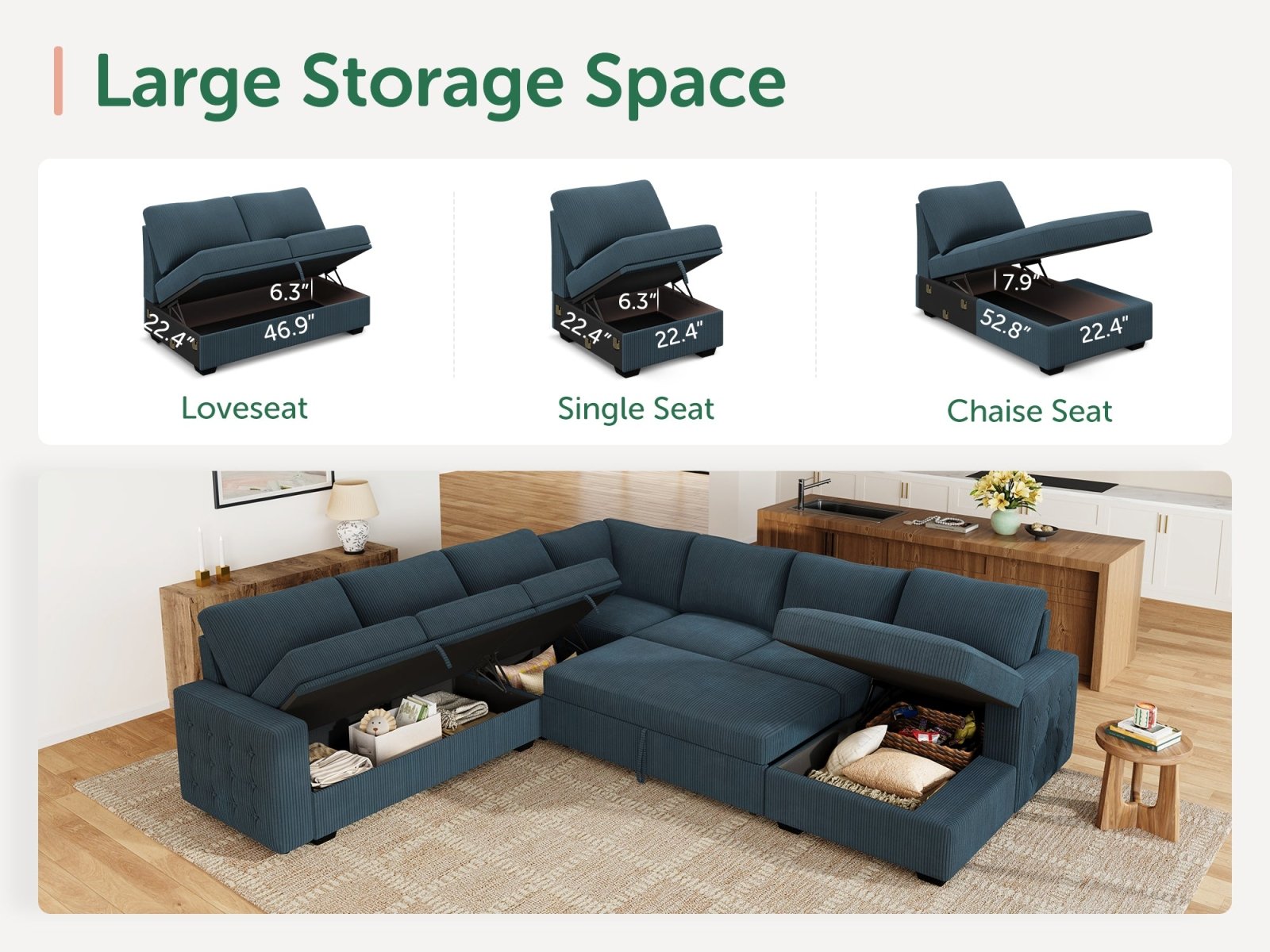 7-Piece Corduroy U-Shaped Sleeper Sectional
#Color_Corduroy Blue