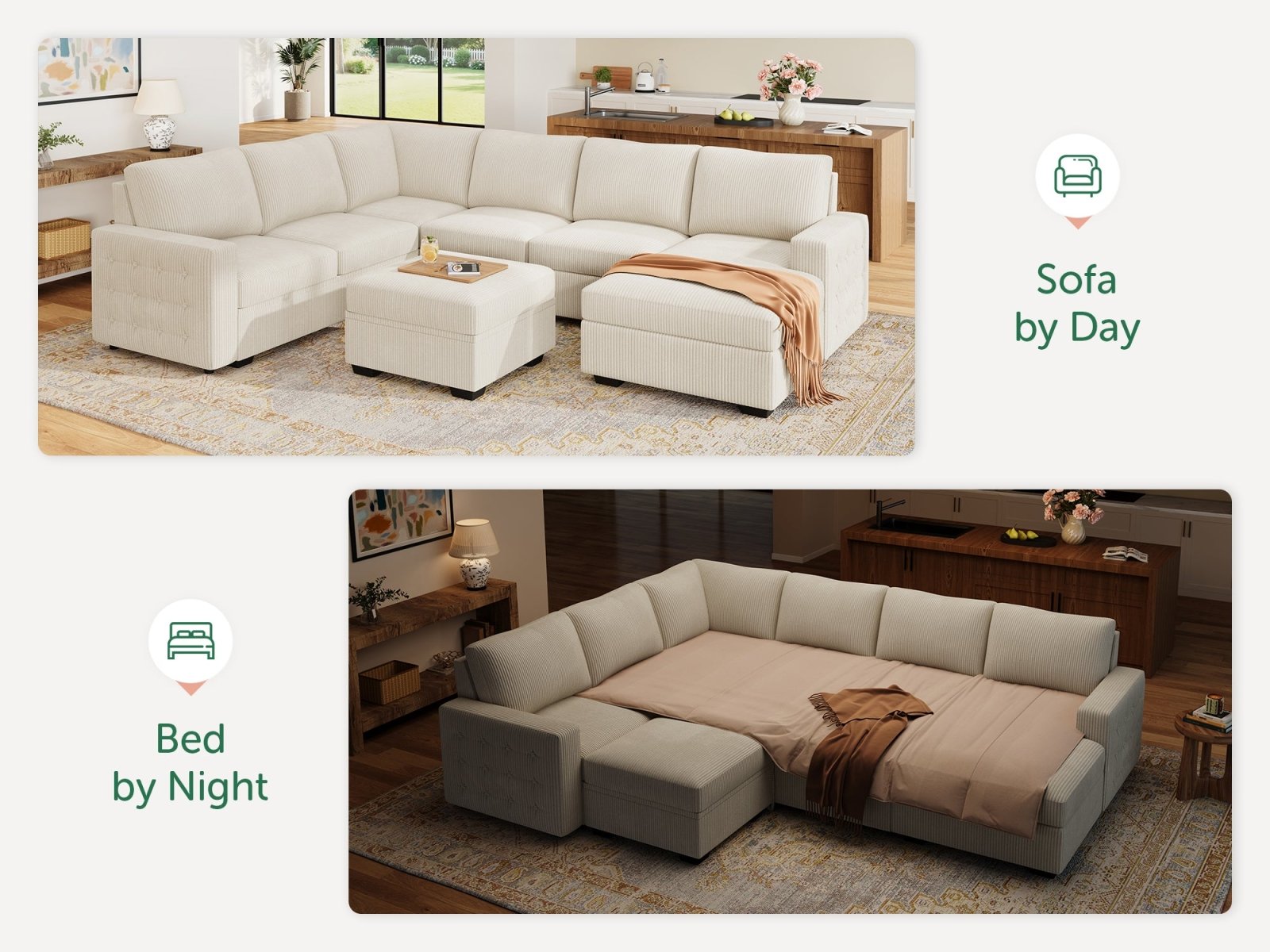 7-Piece Corduroy U-Shaped Sleeper Sectional with Ottoman
#Color_Corduroy Beige