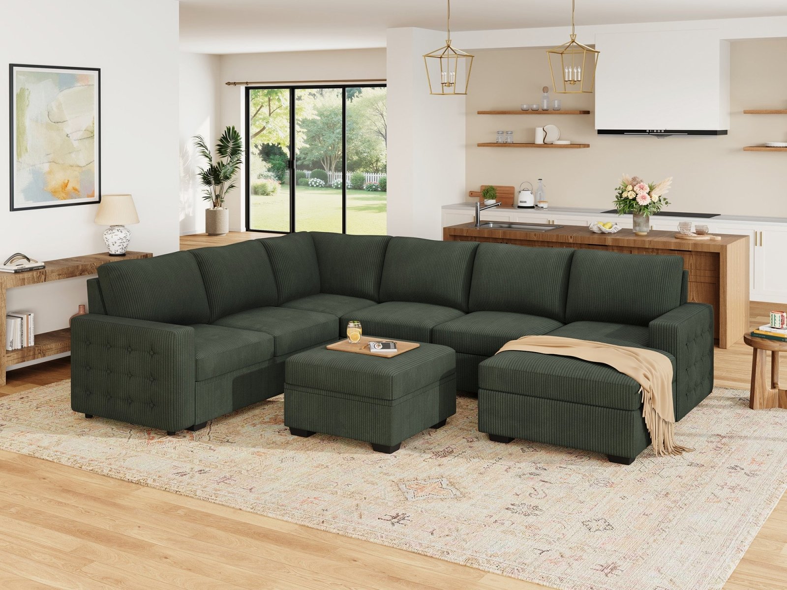 7-Piece Corduroy U-Shaped Sleeper Sectional with Ottoman
#Color_Corduroy Green