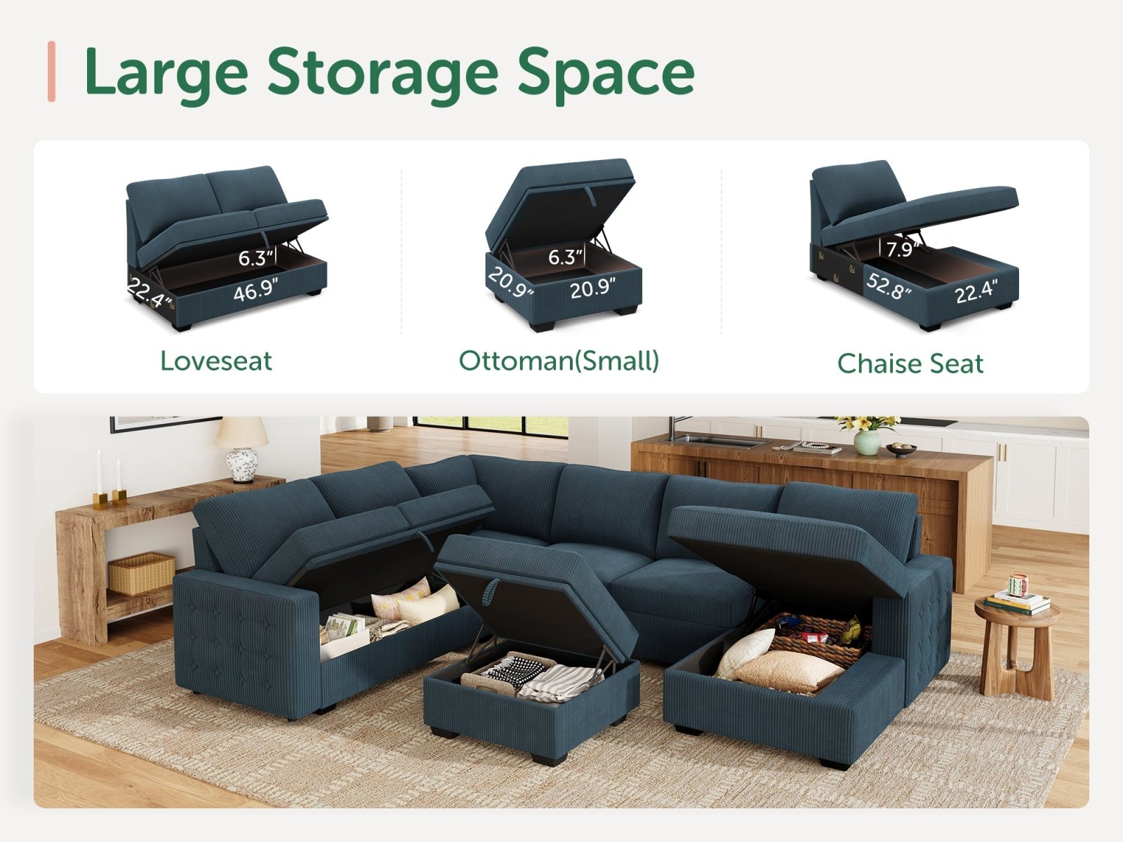 7-Piece Corduroy U-Shaped Sleeper Sectional with Ottoman
#Color_Corduroy Blue