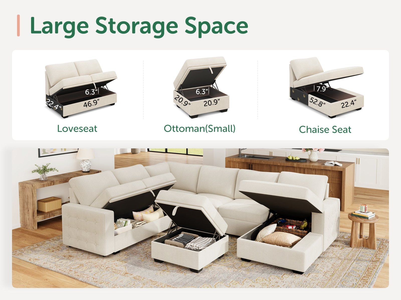 7-Piece Corduroy U-Shaped Sleeper Sectional with Ottoman
#Color_Corduroy Beige