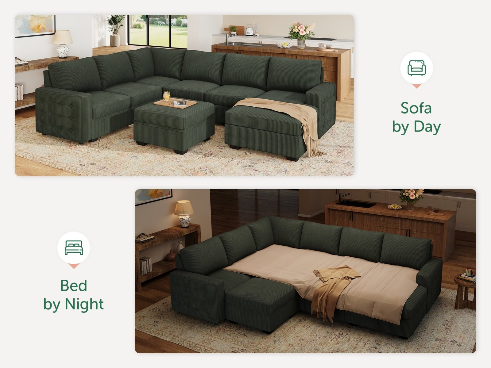 7-Piece Corduroy U-Shaped Sleeper Sectional with Ottoman
#Color_Corduroy Green