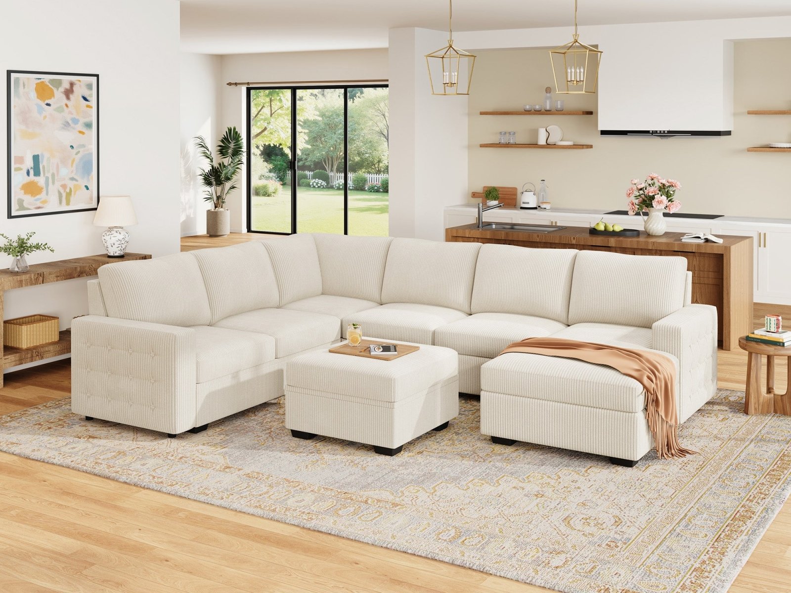 7-Piece Corduroy U-Shaped Sleeper Sectional with Ottoman
#Color_Corduroy Beige