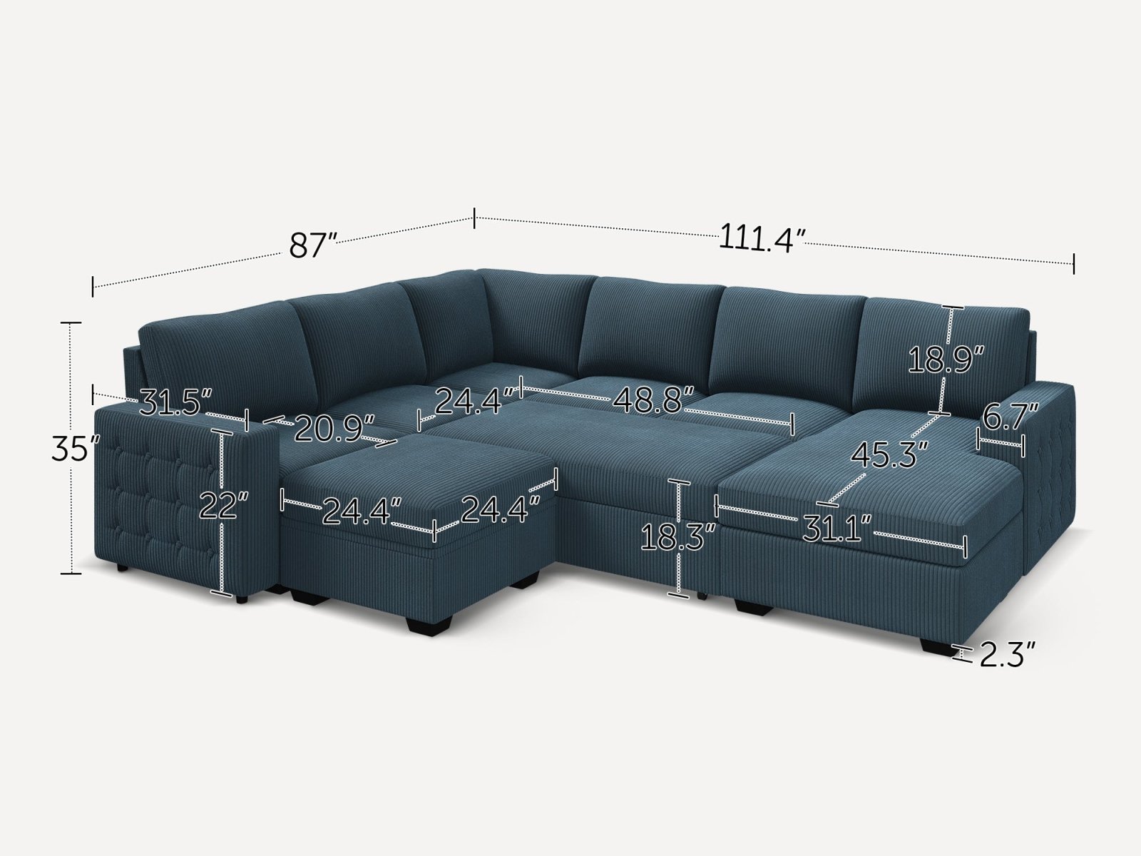 7-Piece Corduroy U-Shaped Sleeper Sectional with Ottoman
#Color_Corduroy Blue