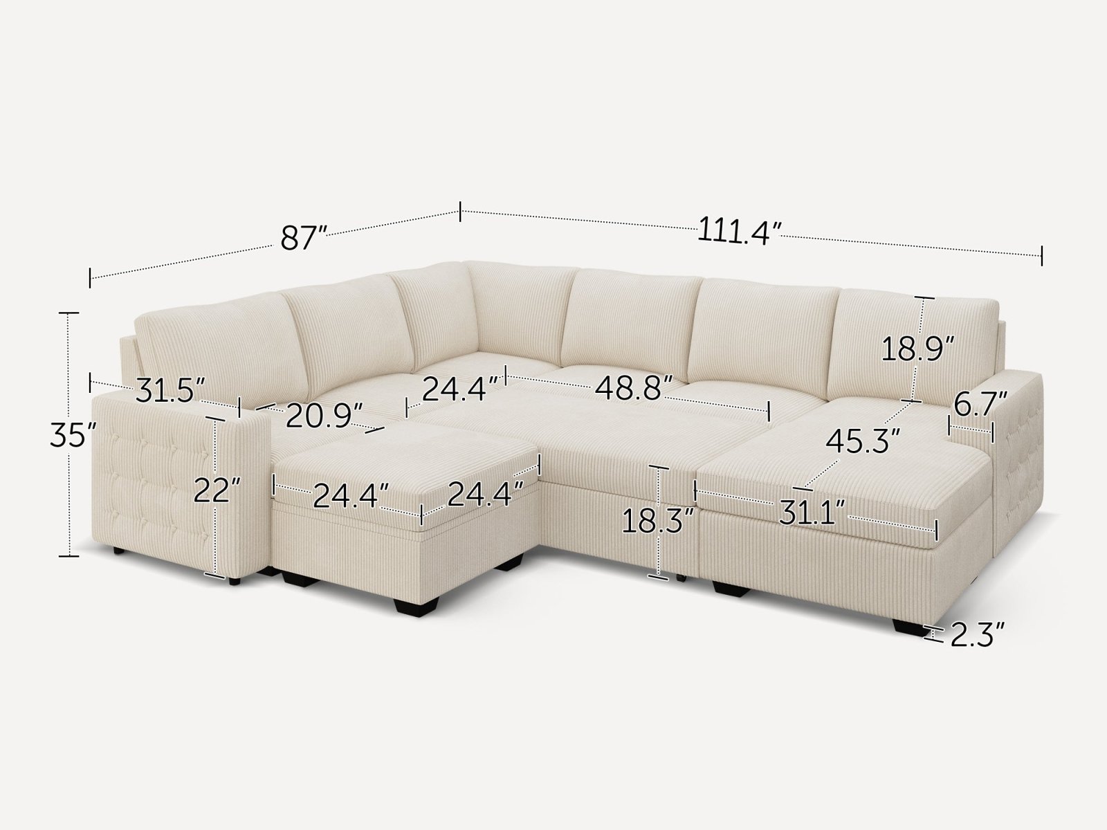 7-Piece Corduroy U-Shaped Sleeper Sectional with Ottoman
#Color_Corduroy Beige