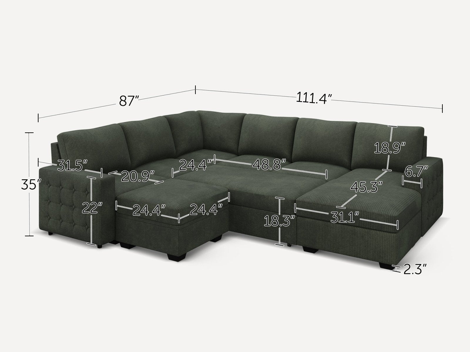 7-Piece Corduroy U-Shaped Sleeper Sectional with Ottoman
#Color_Corduroy Green