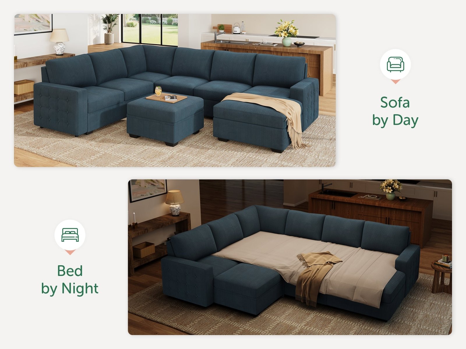 7-Piece Corduroy U-Shaped Sleeper Sectional with Ottoman
#Color_Corduroy Blue