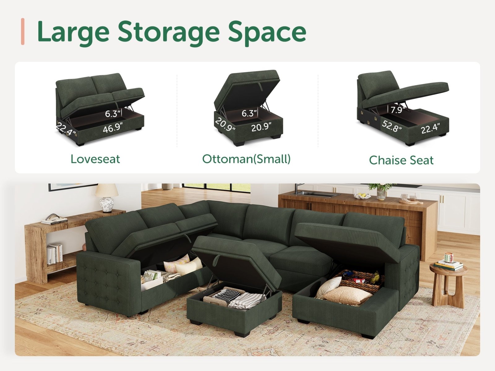 7-Piece Corduroy U-Shaped Sleeper Sectional with Ottoman
#Color_Corduroy Green
