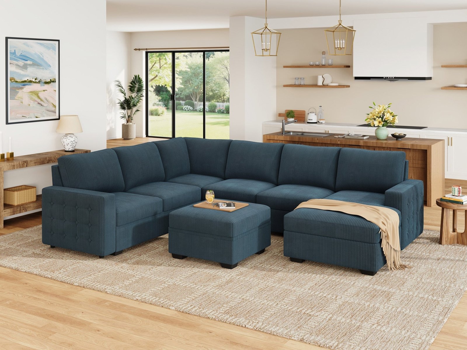 7-Piece Corduroy U-Shaped Sleeper Sectional with Ottoman
#Color_Corduroy Blue