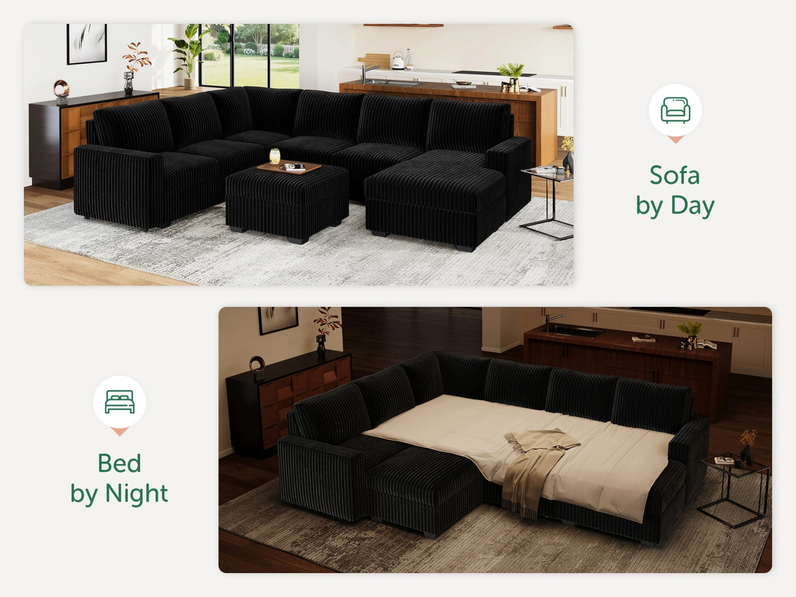 7-Piece Corduroy U-Shaped  Sleeper Sectional  with  Ottoman
#Color_Wide Corduroy Black