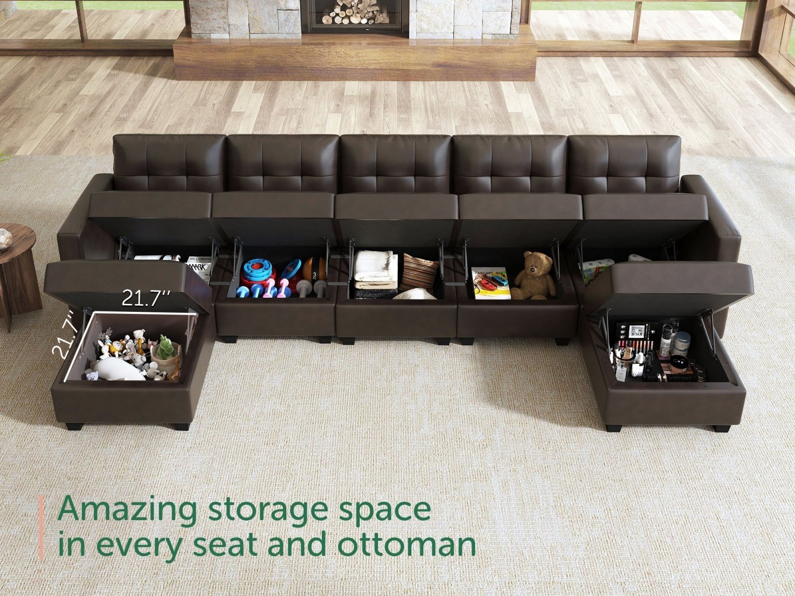 HONBAY 7-Piece Faux Leather Modular Sectional Sofa With Storage Seat