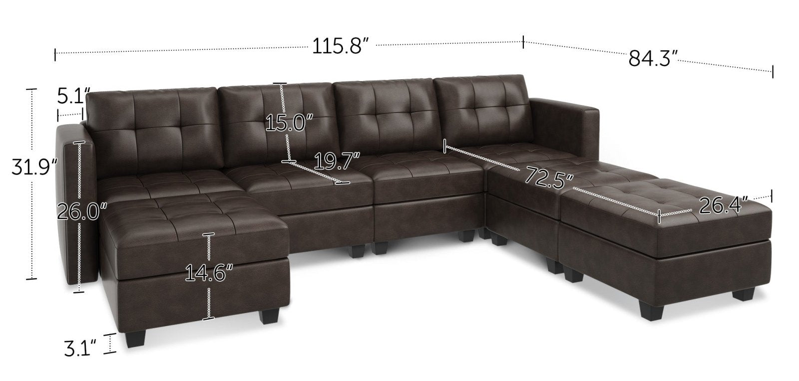 HONBAY 7-Piece Faux Leather Modular Sectional Sofa With Storage Seat