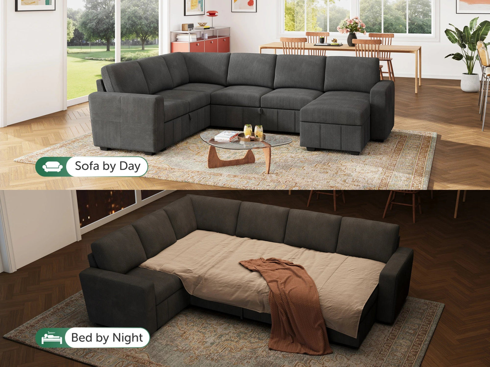 HONBAY 7-Piece Oversized Corduroy Pull-Out Sleeper Sectional Sofa with Storage & Block Arm