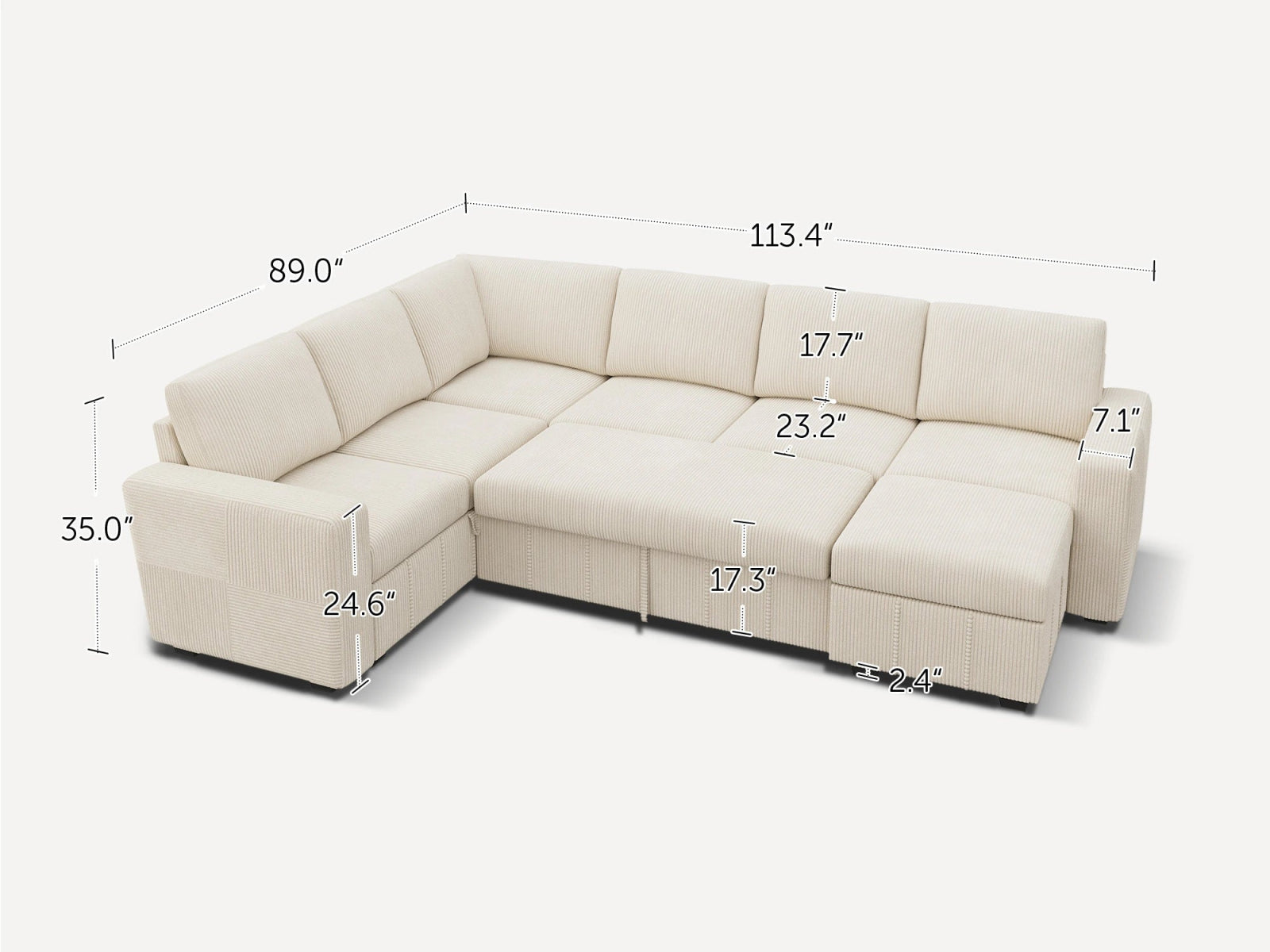 HONBAY 7-Piece Oversized Corduroy Pull-Out Sleeper Sectional Sofa with Storage & Block Arm