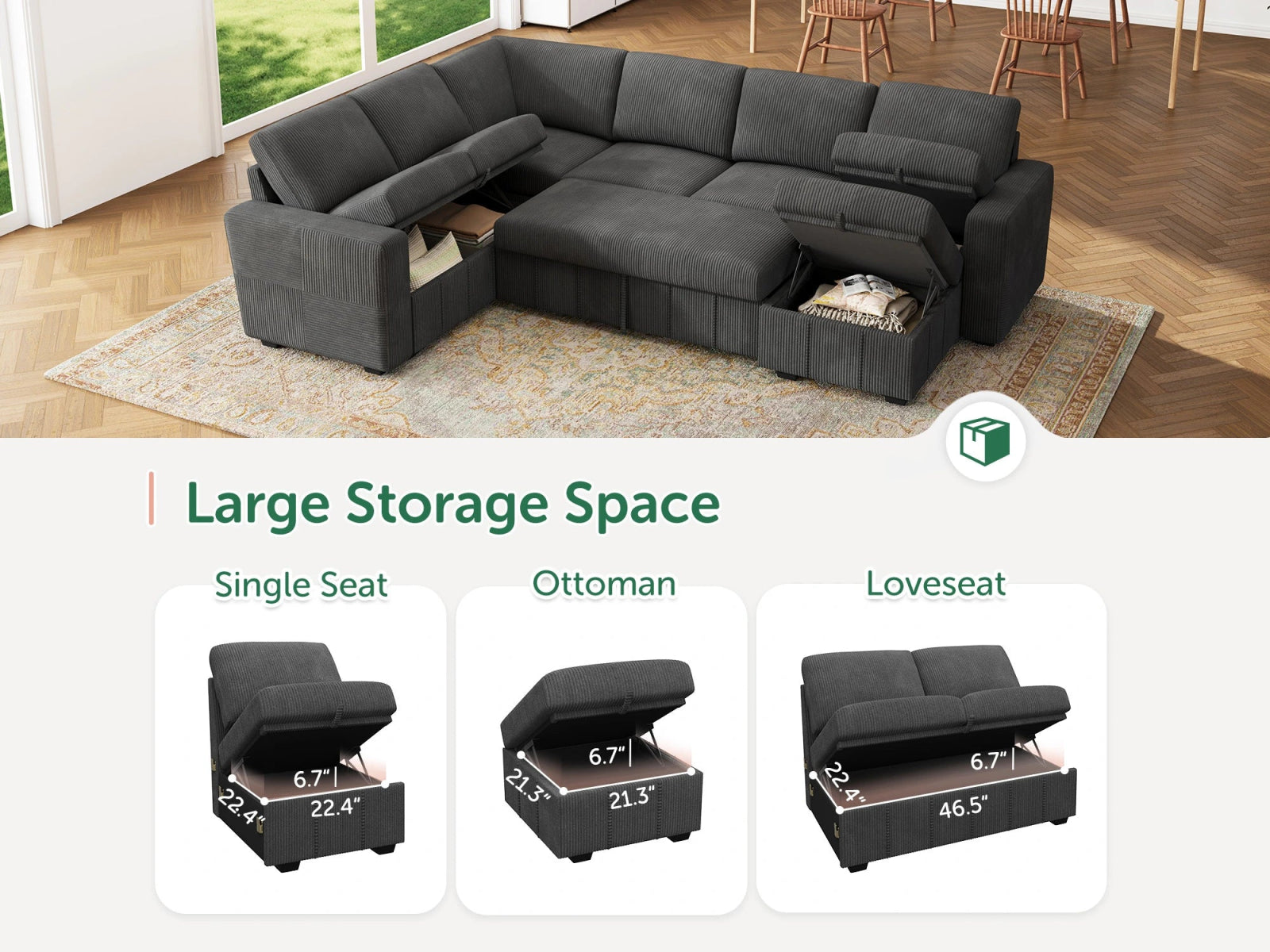 HONBAY 7-Piece Oversized Corduroy Pull-Out Sleeper Sectional Sofa with Storage & Block Arm