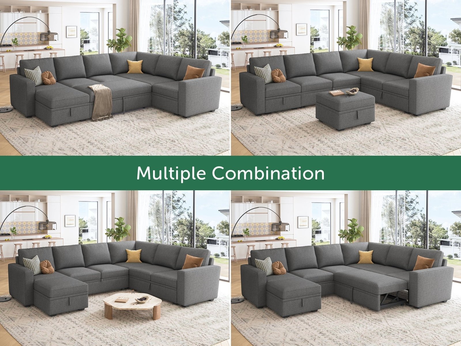 HONBAY Sleep Modular Sofa 7-Seat Sofa Bed with 4-Storage Space #Color_Dark Grey