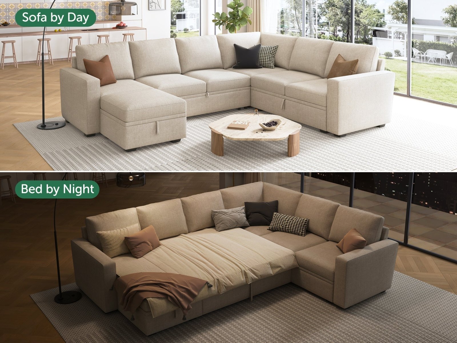 HONBAY Sleep Modular Sofa 7-Seat Sofa Bed with 4-Storage Space #Color_Beige