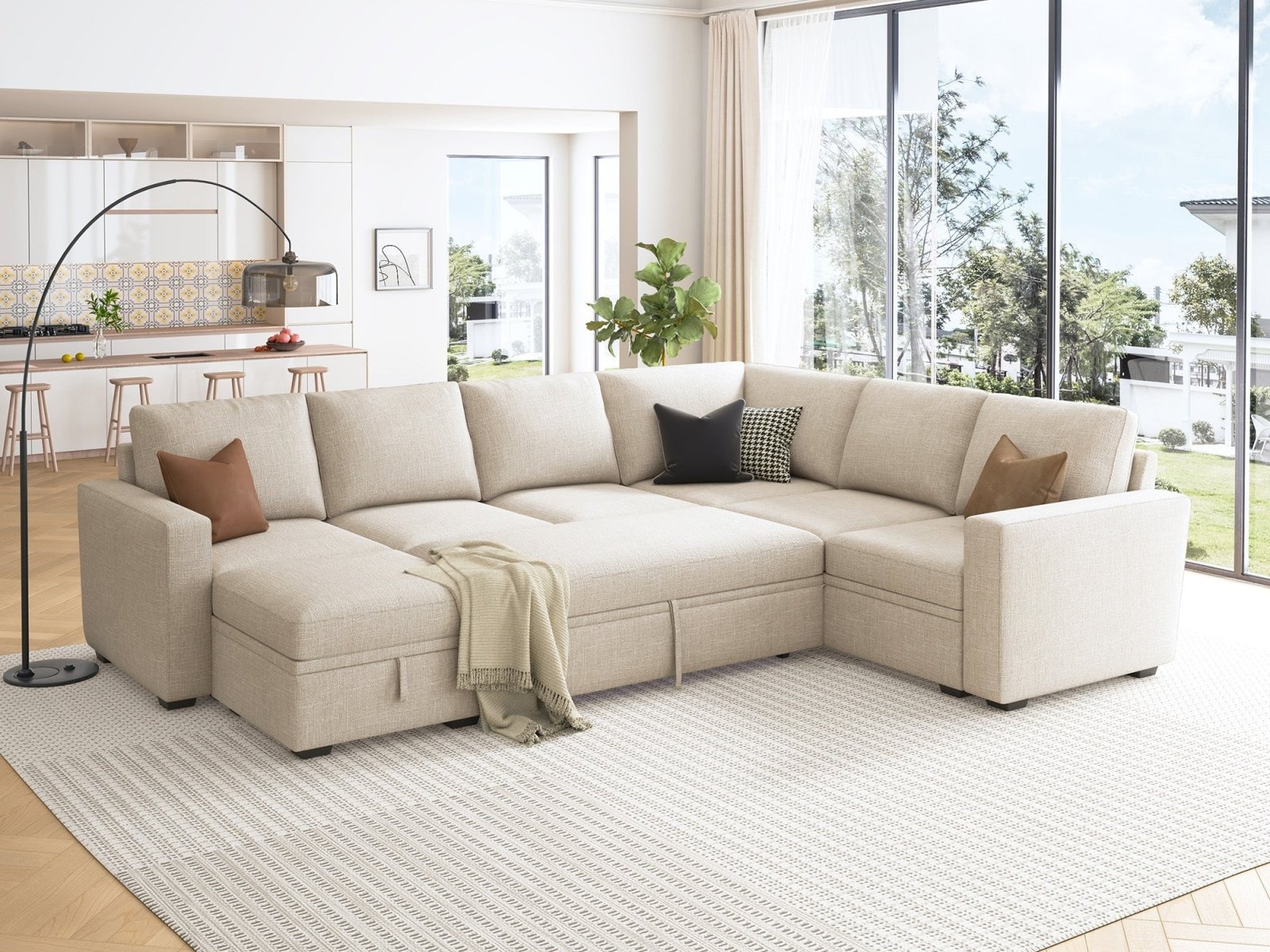 HONBAY Sleep Modular Sofa 7-Seat Sofa Bed with 4-Storage Space #Color_Beige