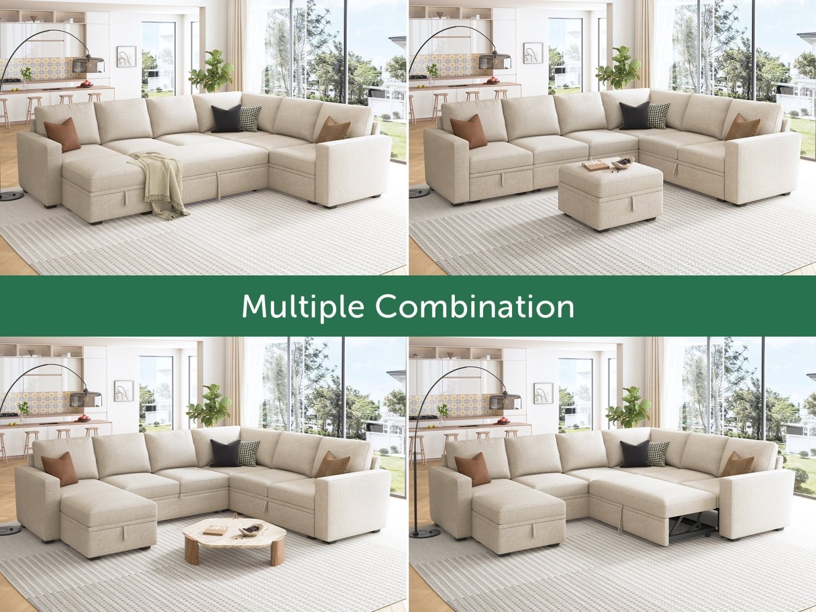 HONBAY Sleep Modular Sofa 7-Seat Sofa Bed with 4-Storage Space #Color_Beige