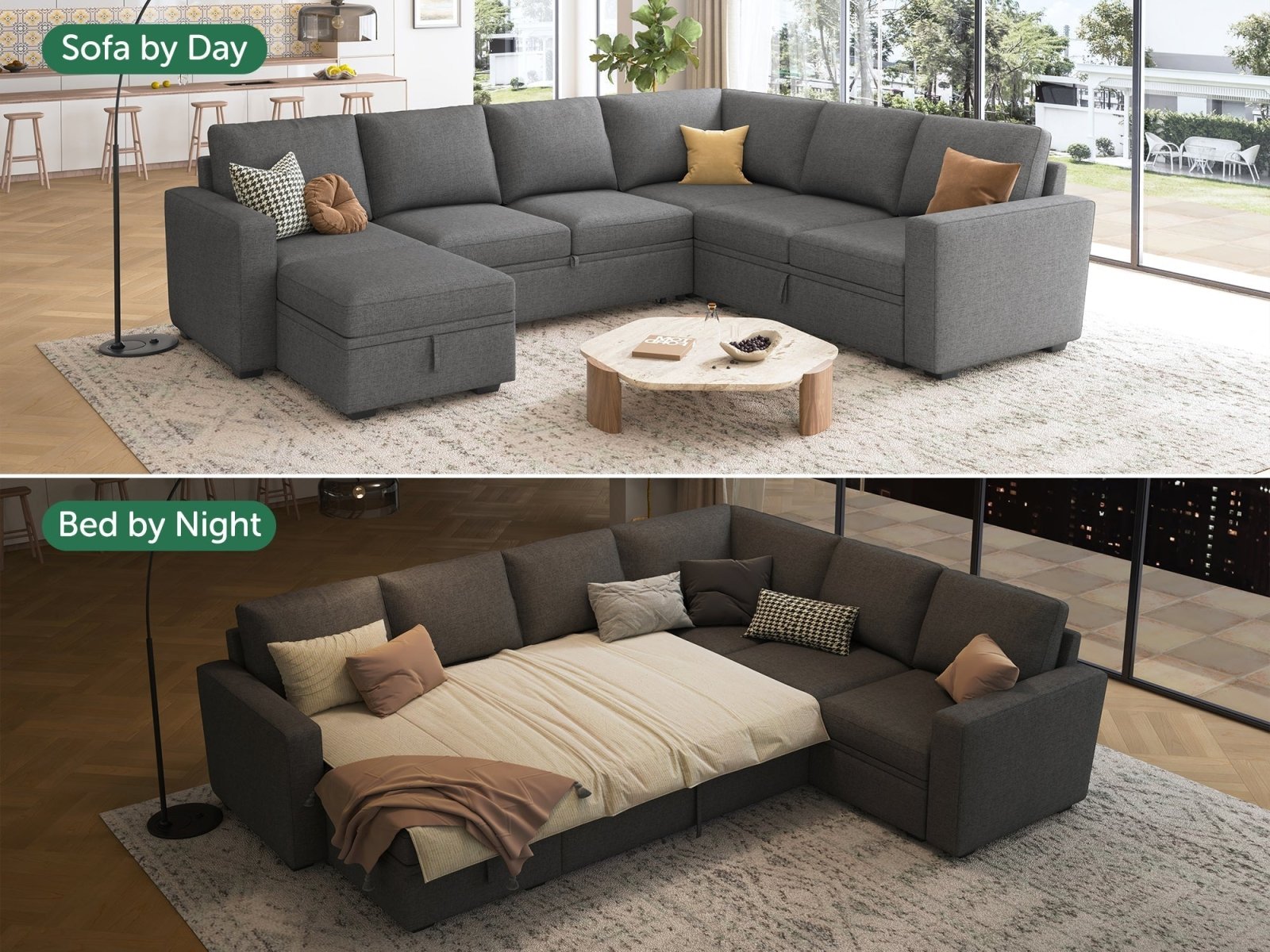 HONBAY Sleep Modular Sofa 7-Seat Sofa Bed with 4-Storage Space #Color_Dark Grey