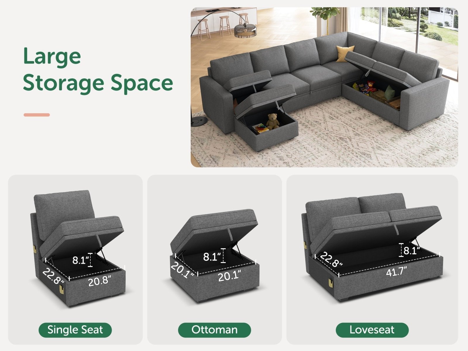 HONBAY Sleep Modular Sofa 7-Seat Sofa Bed with 4-Storage Space #Color_Dark Grey