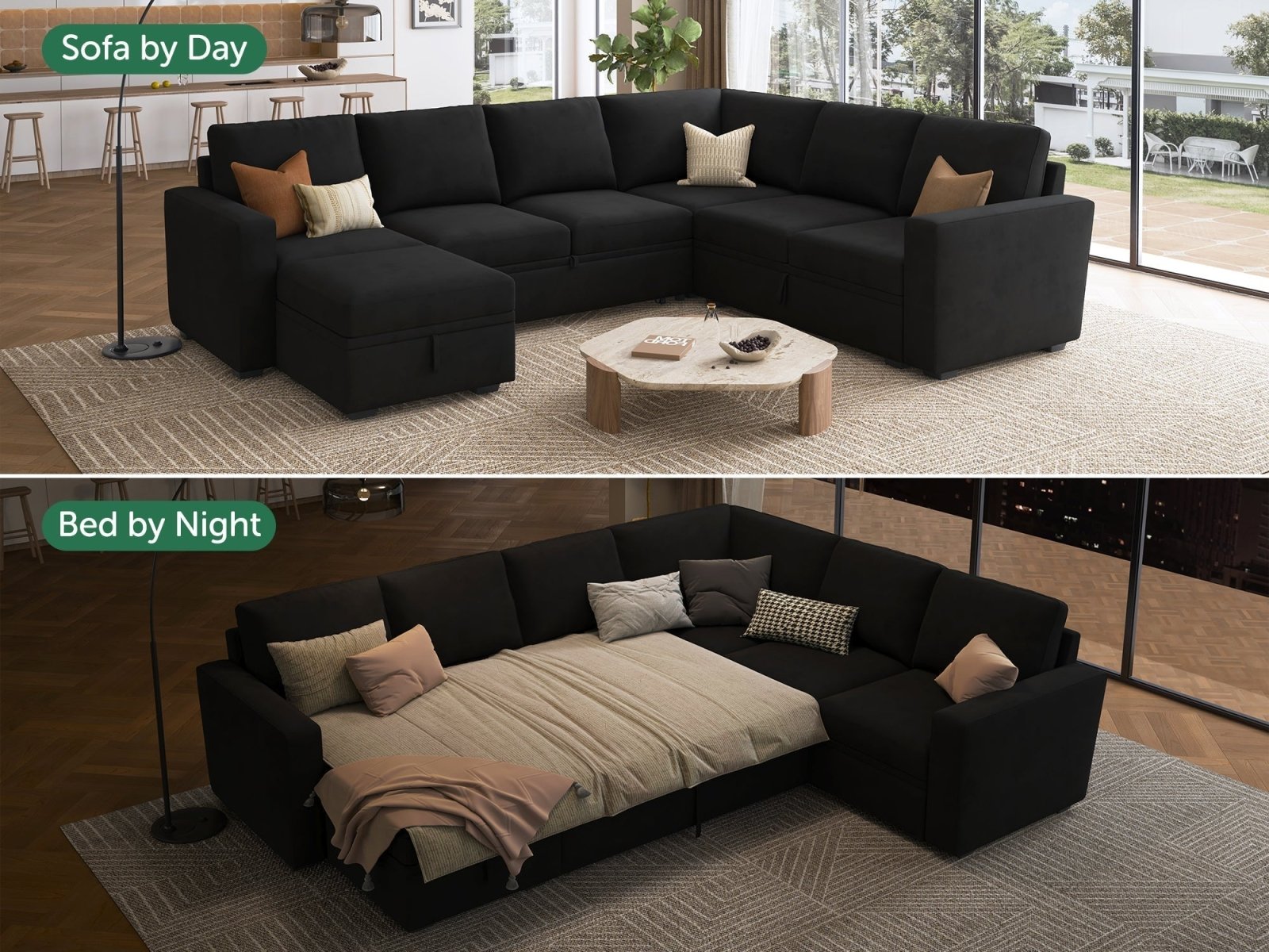 HONBAY Sleep Modular Sofa 7-Seat Sofa Bed with 4-Storage Space #Color_Black Style I