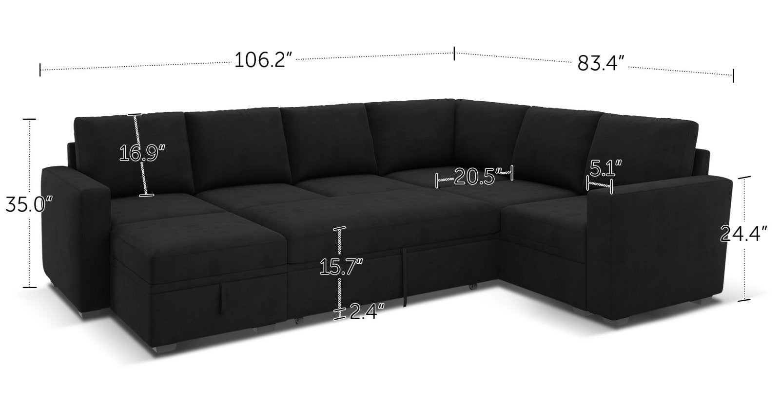 HONBAY 7-Piece Velvet Modular Sleeper Sectional With Storage Space With Dimensions
#Color_Black Style I