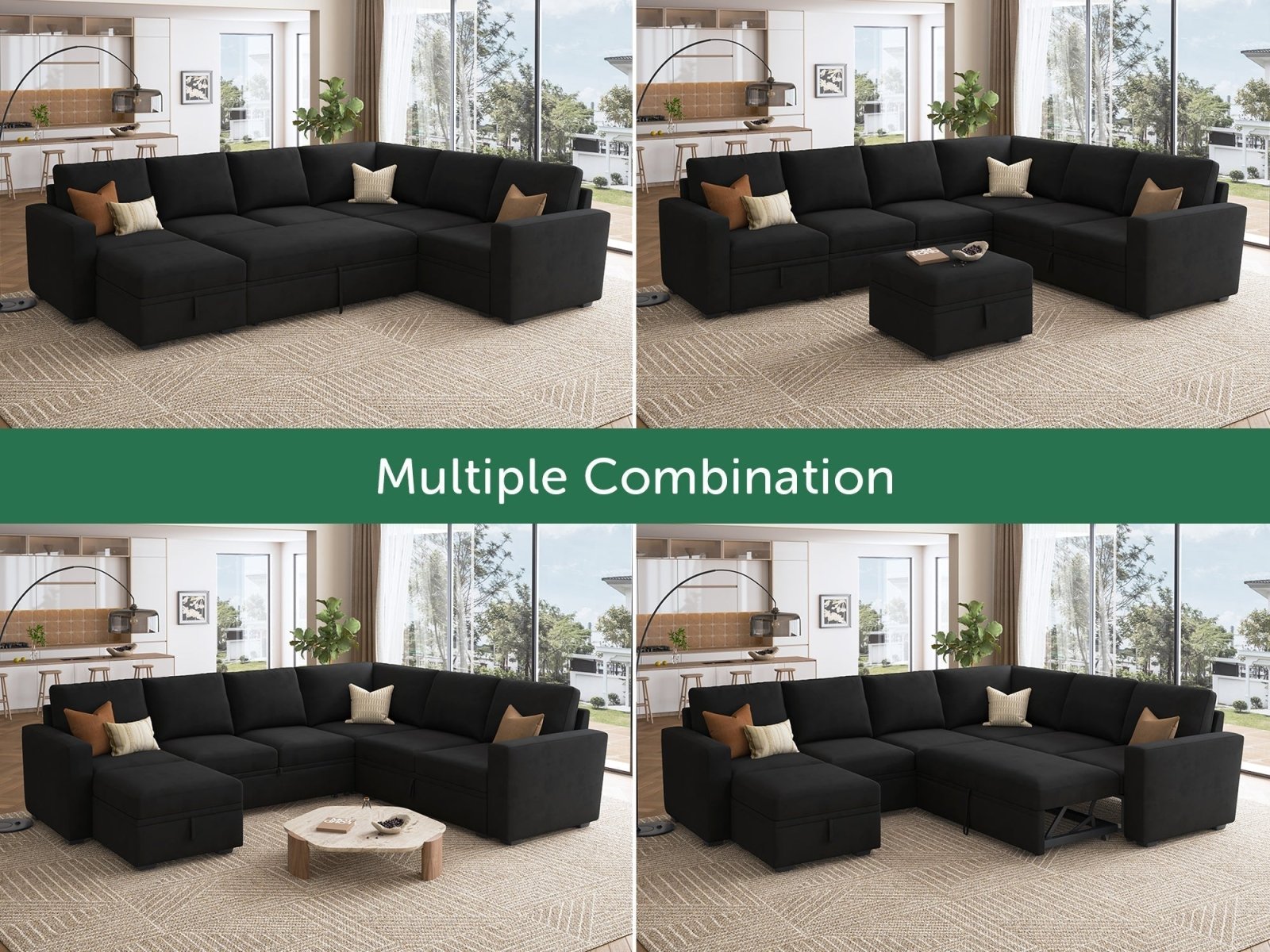 HONBAY Sleep Modular Sofa 7-Seat Sofa Bed with 4-Storage Space #Color_Black Style I