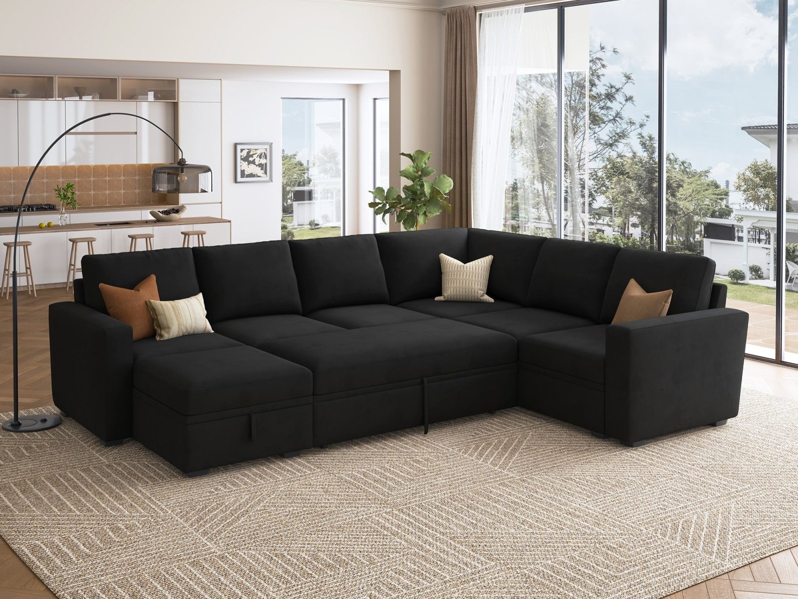 HONBAY Sleep Modular Sofa 7-Seat Sofa Bed with 4-Storage Space #Color_Black Style I