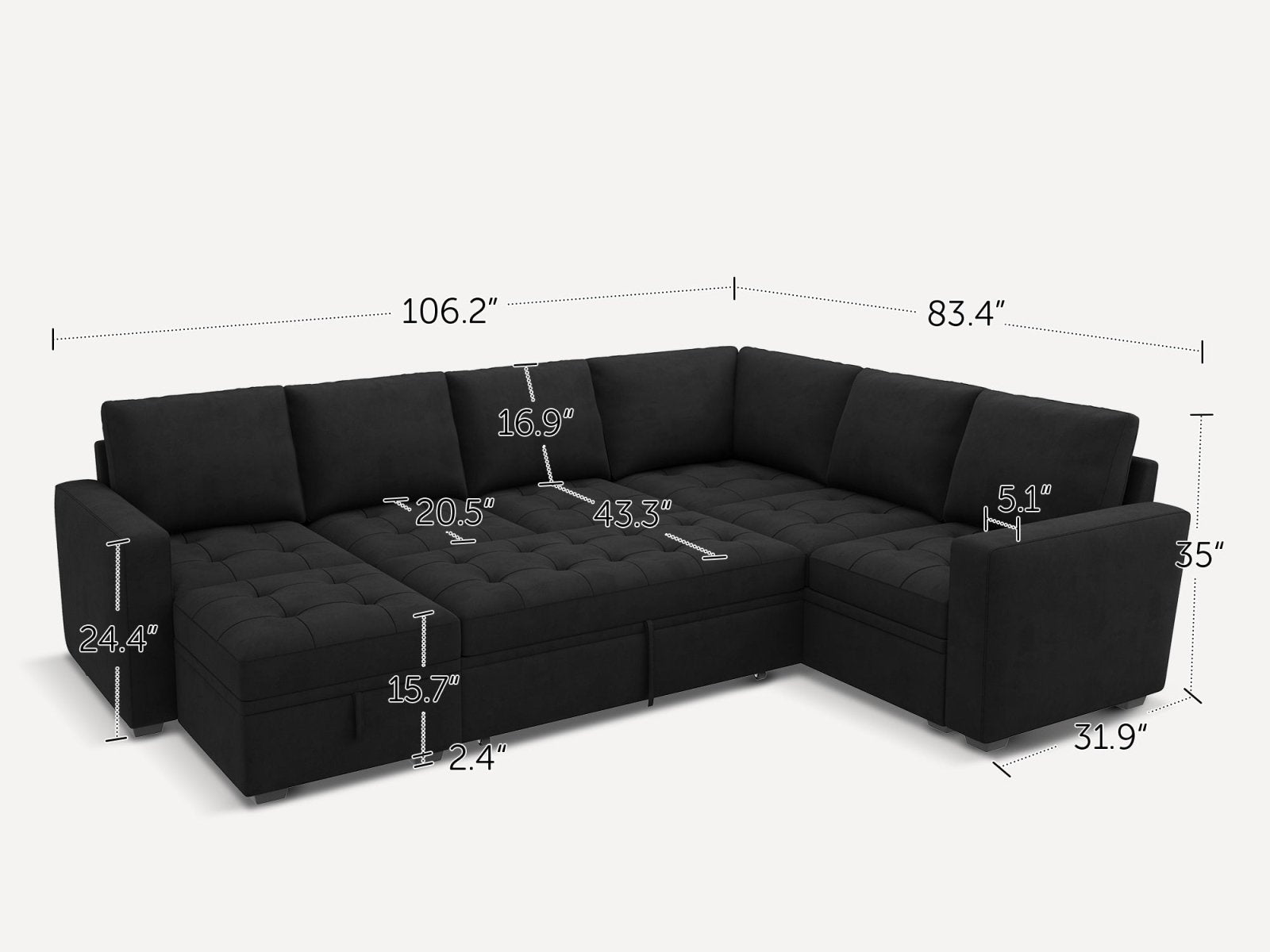 HONBAY 7-Piece Velvet Modular Sleeper Sectional With Storage Space With Dimensions
#Color_Black Style II