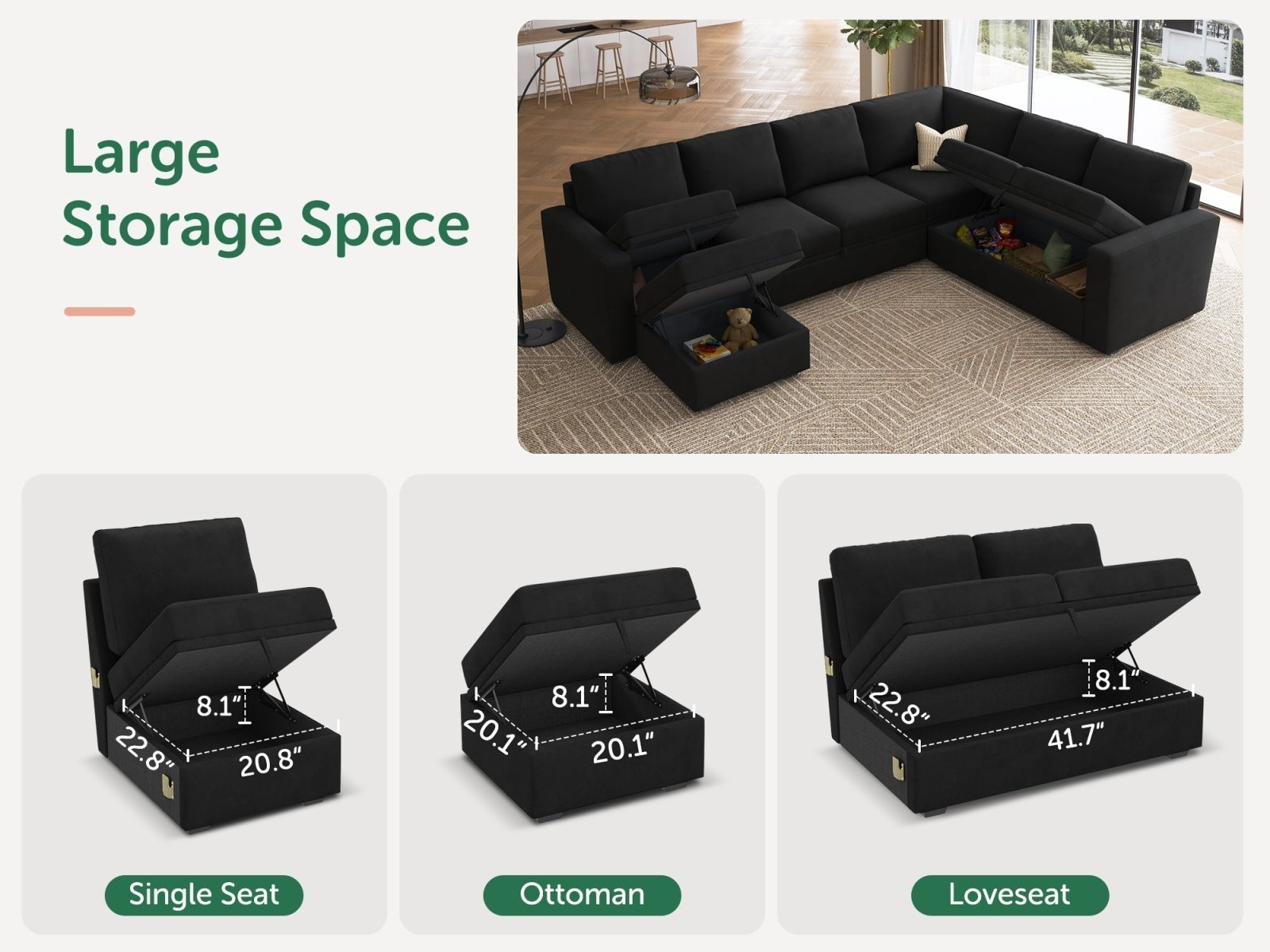 HONBAY Sleep Modular Sofa 7-Seat Sofa Bed with 4-Storage Space #Color_Black Style I