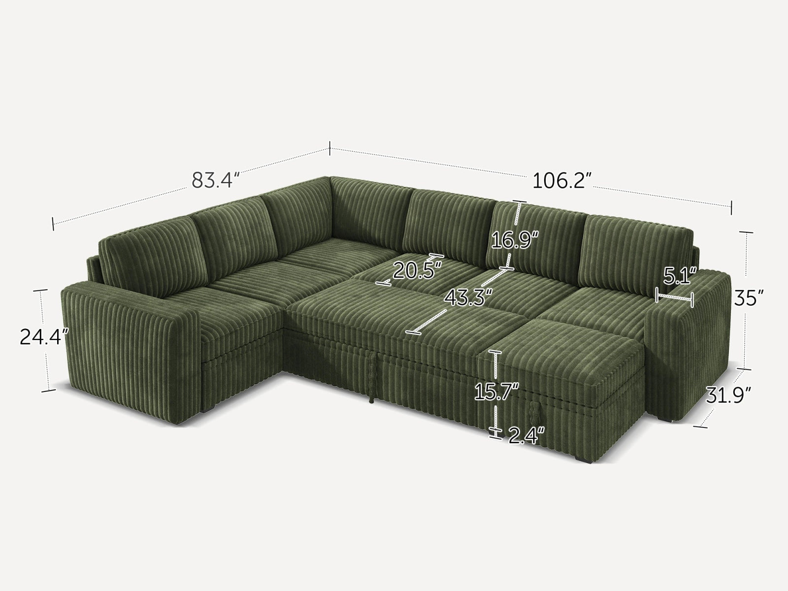 7-Piece Wide Plush Corduroy Modular Sleeper
#Color_Green