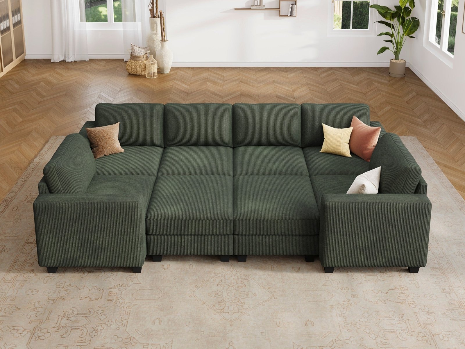 HONBAY 8-Piece Corduroy Modular Sleeper Sectional Sofa With Hidden Storage Ottoman
#Color_Corduroy Green