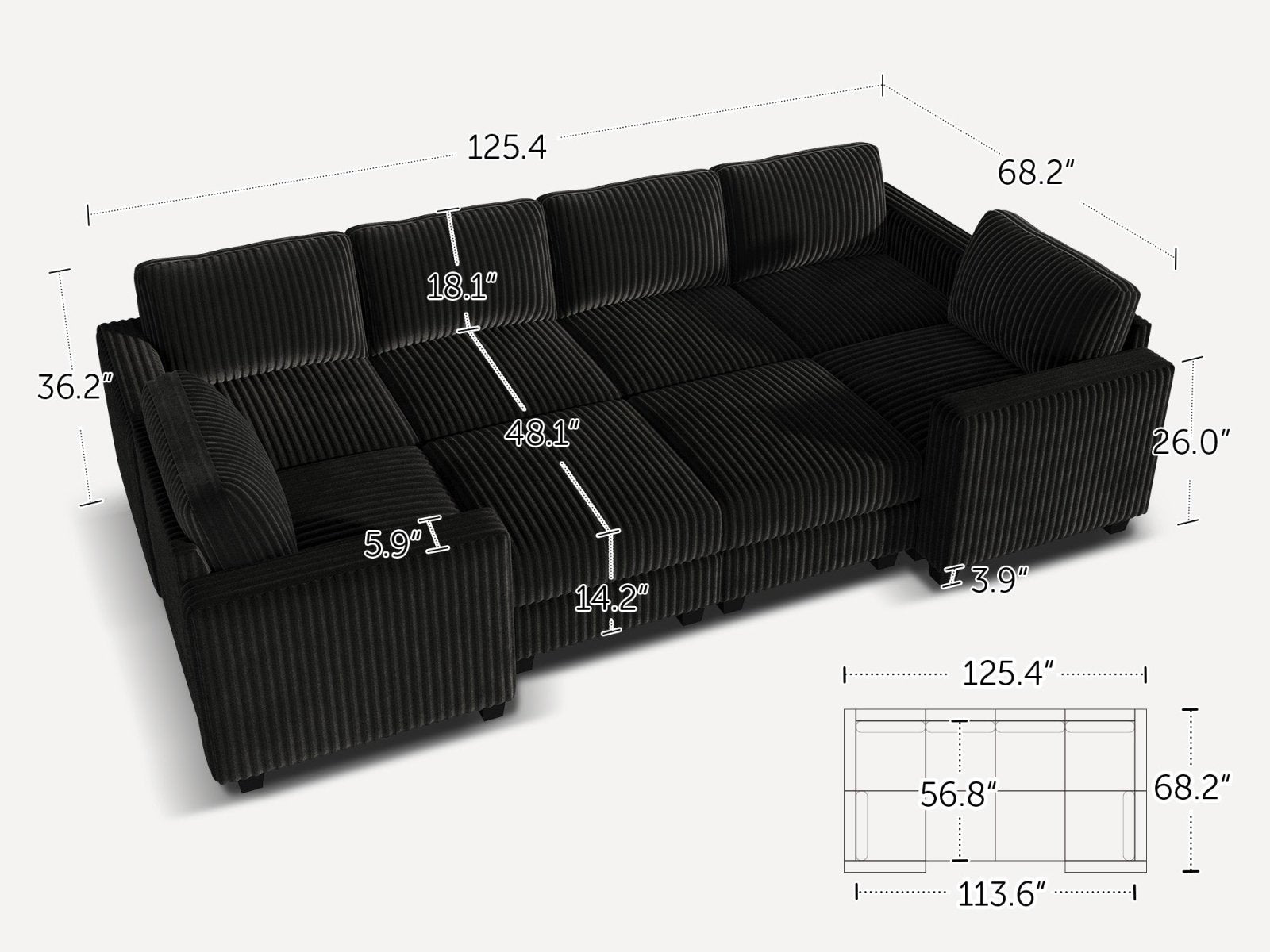 HONBAY 8-Piece Corduroy Modular Sleeper Sectional Sofa With Hidden Storage Ottoman
#Color_Corduroy Black
