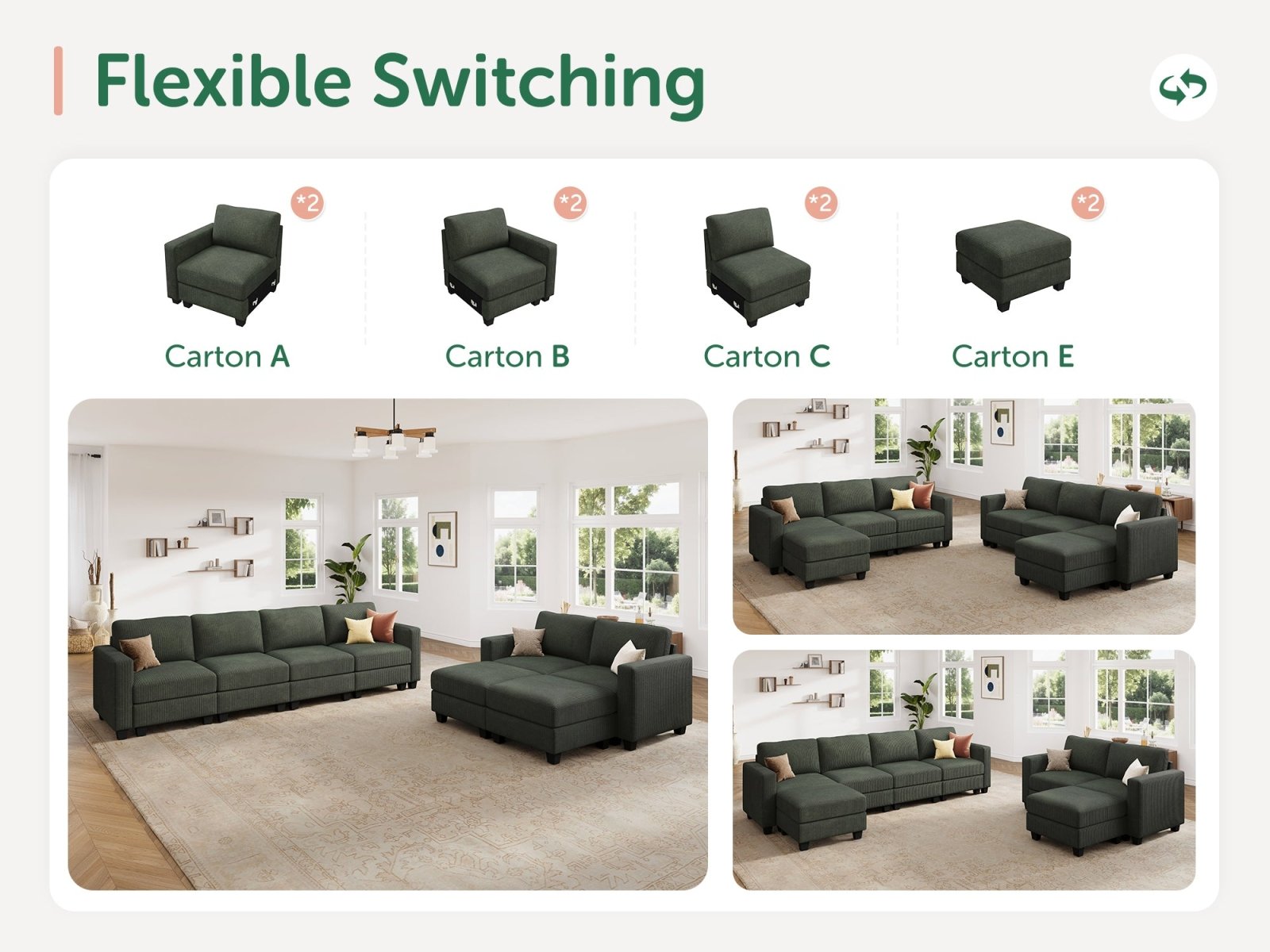 HONBAY 8-Piece Corduroy Modular Sleeper Sectional Sofa With Hidden Storage Ottoman
#Color_Corduroy Green