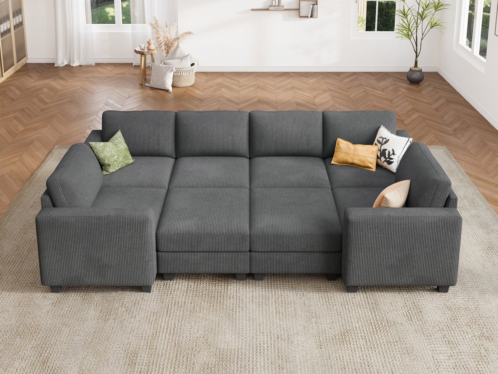 HONBAY 8-Piece Corduroy Modular Sleeper Sectional Sofa With Hidden Storage Ottoman
#Color_Corduroy Grey
