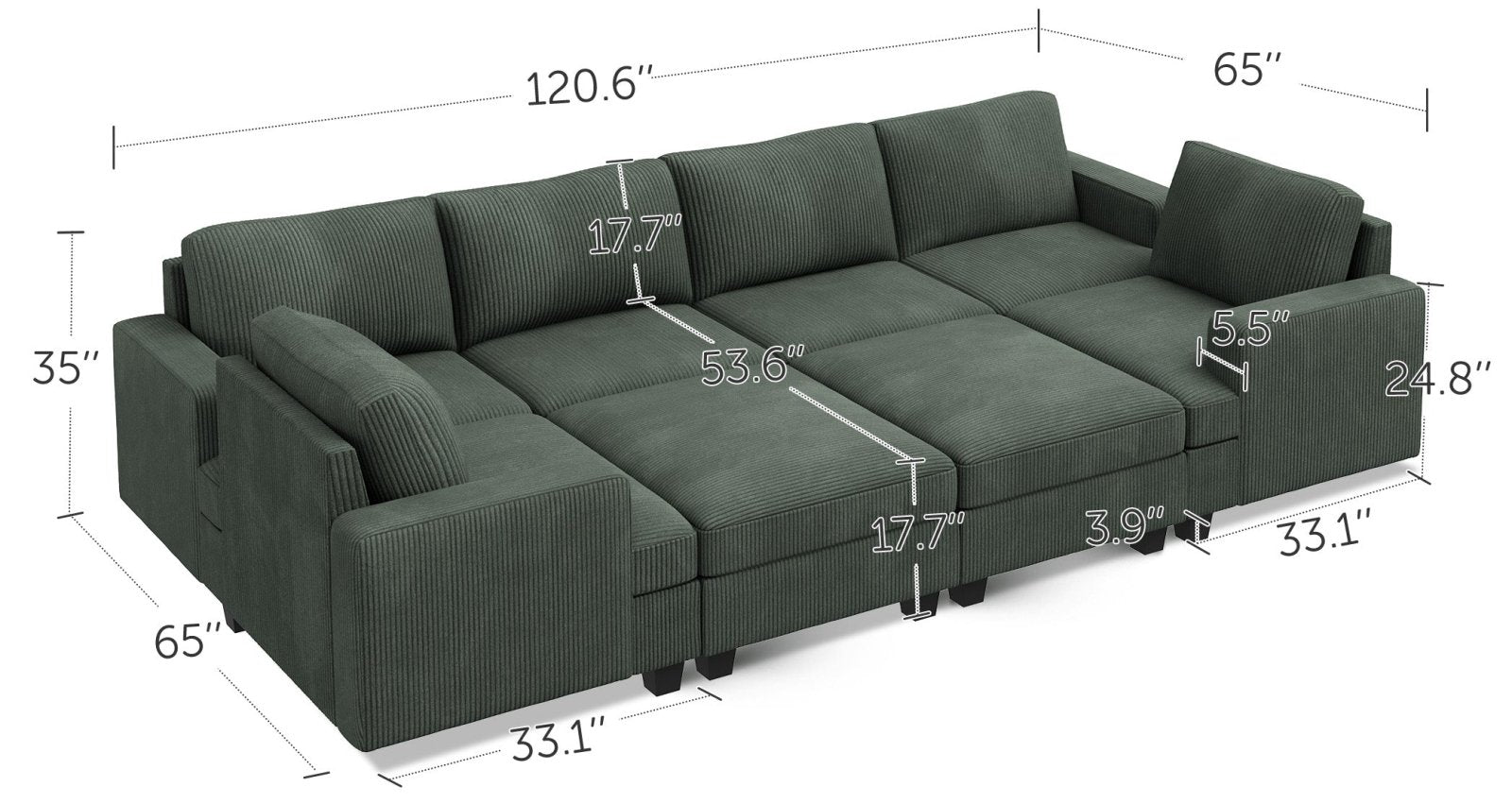 8-Piece Corduroy Modular Sleeper Sectional With Storage Ottoman With Dimensions
#Color_Corduroy Green
